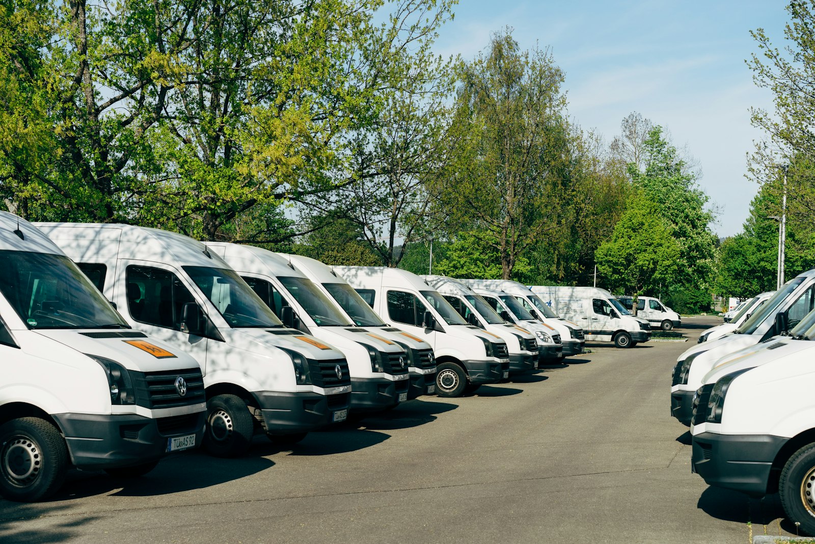 Row of white fleet vans parked in a yard